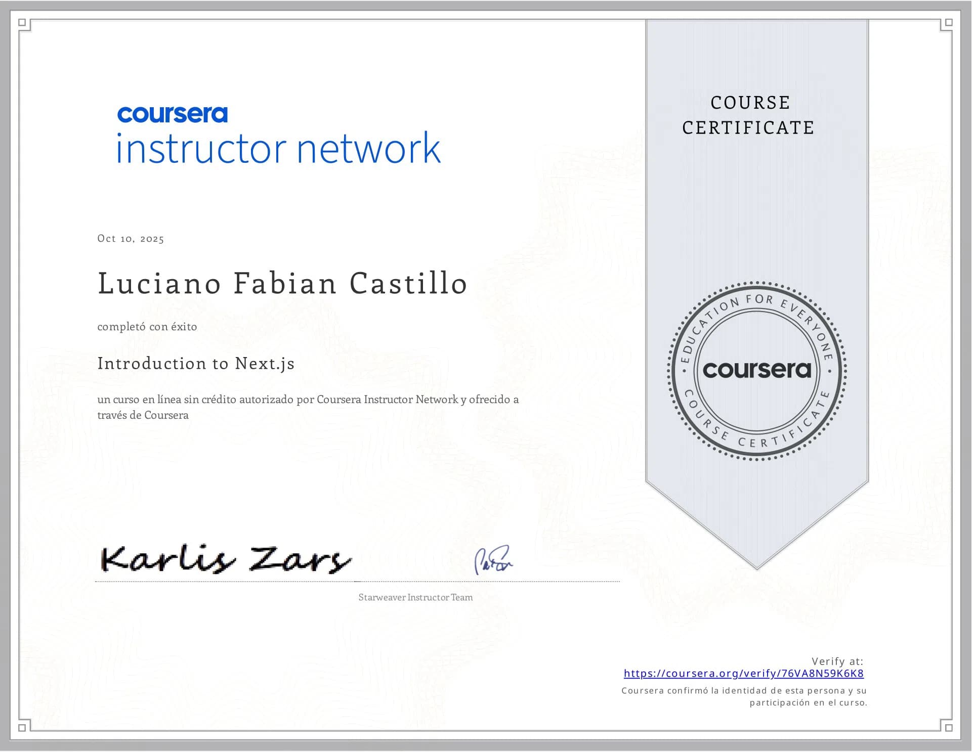 Introduction to Next.js Certificate