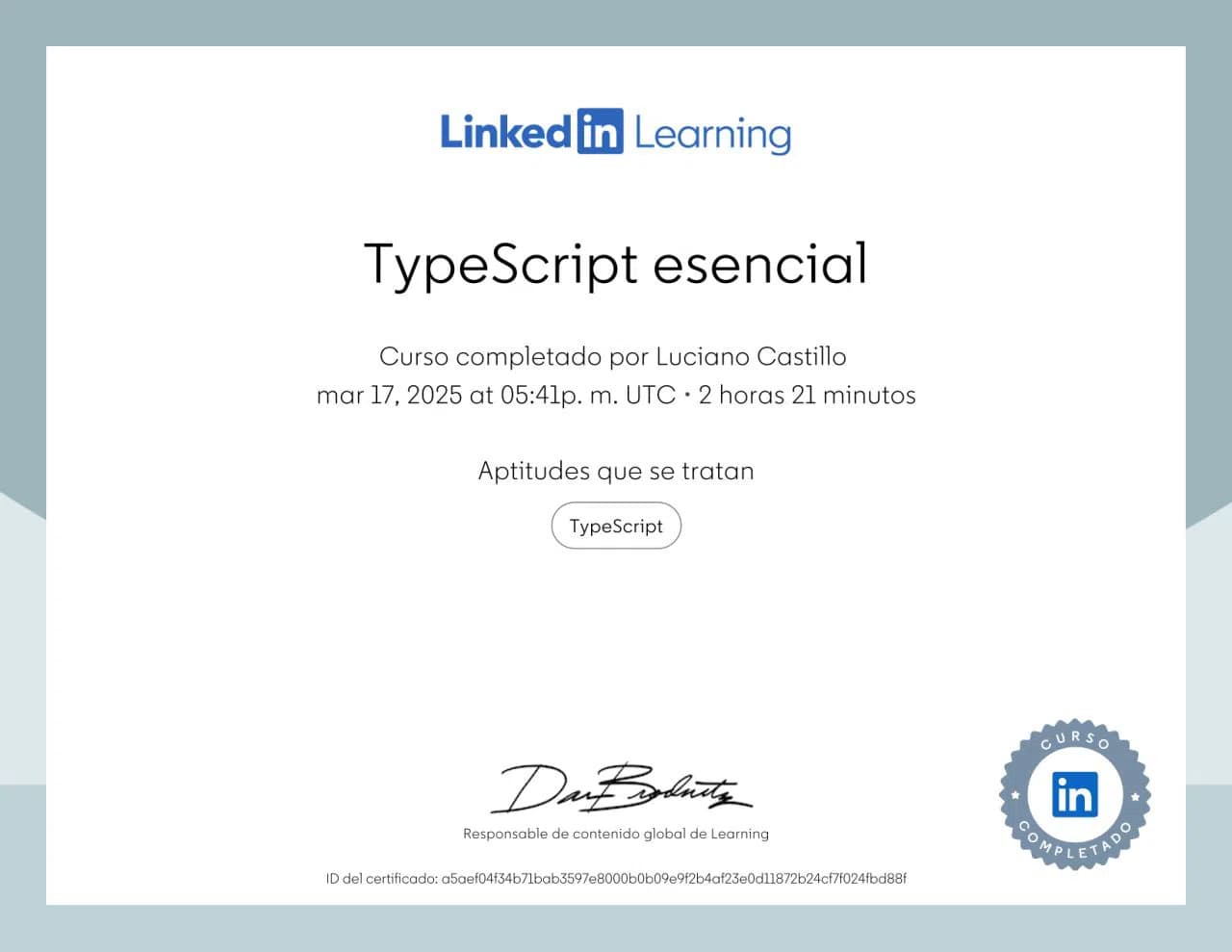 TypeScript esencial Certificate